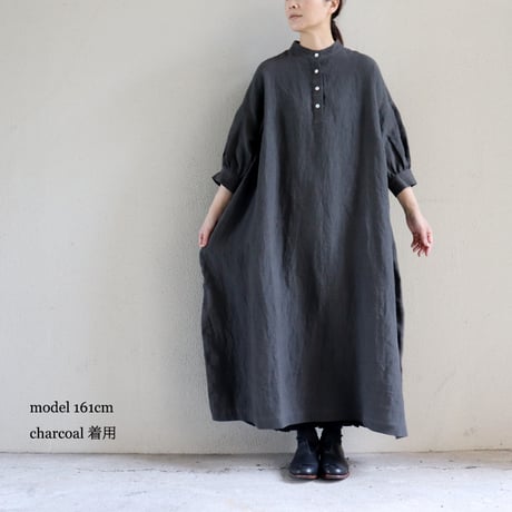 **またまたまた再入荷** LinenYa リネンヤ　リネンスタンドカラーワンピース　#ブラック、ネイビー、ベージュ、チャコール　【送料無料】