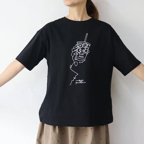 **再入荷** amne アンヌ　”kafe”　カフェ柄半袖Tシャツ　#ホワイト、ブラック