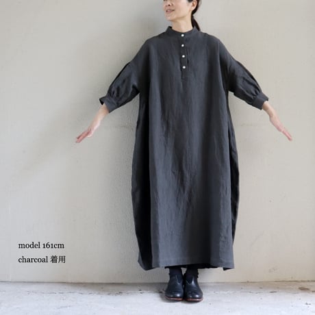 **またまたまた再入荷** LinenYa リネンヤ　リネンスタンドカラーワンピース　#ブラック、ネイビー、ベージュ、チャコール　【送料無料】