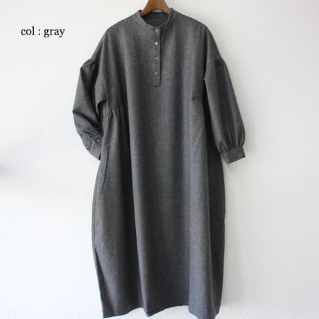 **再々入荷** LinenYa リネンヤ　ウール長袖スタンドカラーワンピース　#ブラック、ネイビー、グレー