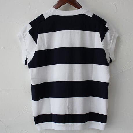 homspun ホームスパン 60/2天竺太ボーダーキャップスリーブTシャツ　#サラシ×ネイビー、生成り×ブラック