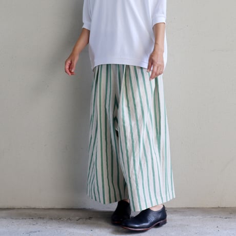 **再入荷** atelier naruse アトリエナルセ　コットンリネンストライプガウチョパンツ #グリーン、ブラック　【送料無料】