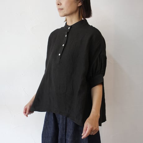 **またまたまた再入荷**LinenYa リネンヤ　リネン半袖スタンドカラーブラウス　#アイボリー、ライトグレー、ブラック