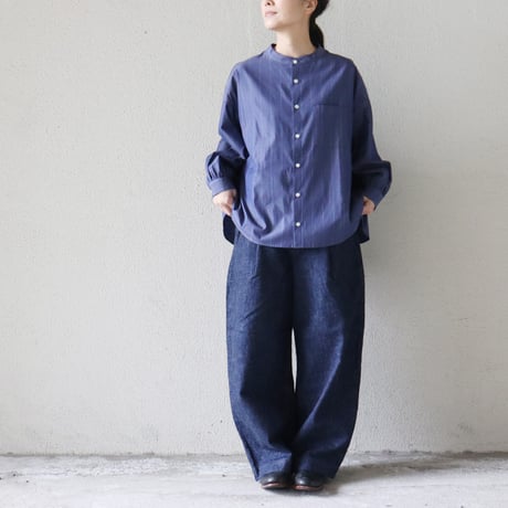 **またまたまた再入荷** LinenYa リネンヤ　ギザコットンバンドカラーシャツ　#ネイビー