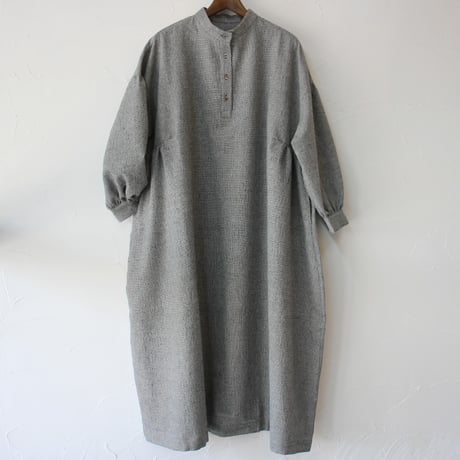 **再々入荷** LinenYa リネンヤ　ウールコットン長袖スタンドカラーワンピース　#千鳥格子