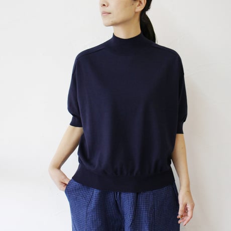 **またまたまた再入荷** LinenYa リネンヤ as it is.  コットンモックネック5分袖ニット　#ネイビー、ブラック、ホワイト