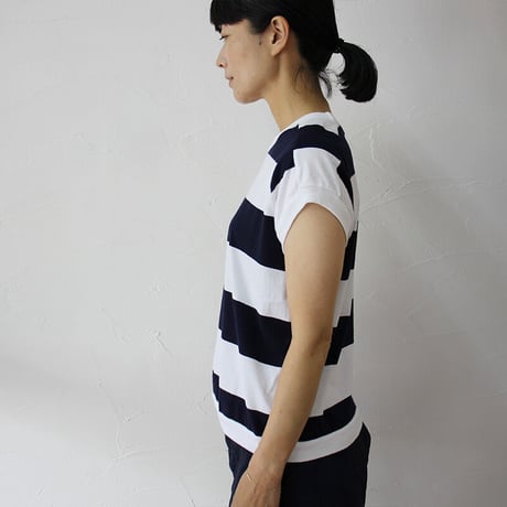 homspun ホームスパン 60/2天竺太ボーダーキャップスリーブTシャツ　#サラシ×ネイビー、生成り×ブラック