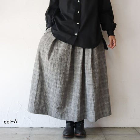 LinenYa リネンヤ　綿麻グレンチェックタックスカート　#生成りｘブラック　【送料無料】