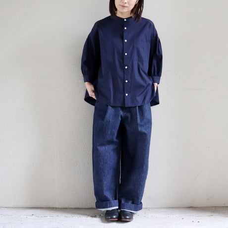 Linenya リネンヤ　ギザコットンバンドカラー7分袖ブラウス　#ネイビー、ホワイト