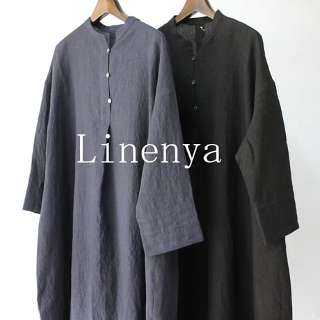 Linenya リネンヤ　バンドカラーワンピース　#ネイビー、ブラック　【送料無料】