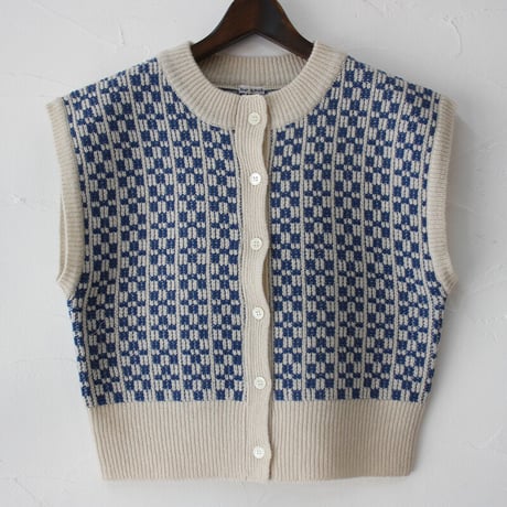 **再入荷** homspun ホームスパン　メリノウール前開きベスト　#アイボリーｘブルー、ブラックｘチャコール