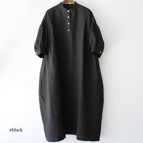 **またまたまた再入荷** LinenYa リネンヤ　リネンスタンドカラーワンピース　#ブラック、ネイビー、ベージュ、チャコール　【送料無料】