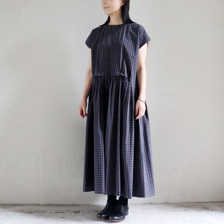 MAGALI マガリ　ウォッシュドコットンラウンドスリーブワンピース　#ギンガムチャコール
