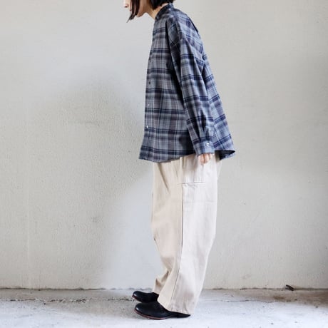 TRAVAIL MANUEL トロチェックバンドカラー長袖シャツ　#ネイビー、グレー　【送料無料】
