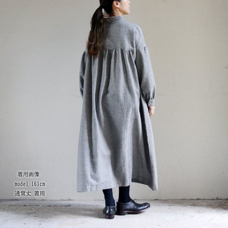 **再々入荷** LinenYa リネンヤ　ウールコットン長袖スタンドカラーワンピース　#千鳥格子