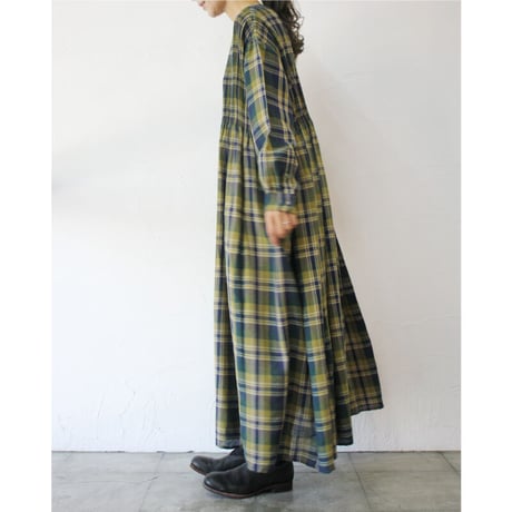 maison de soil メゾンドソイル WOOL COTTON  CHECK CREW NECK P/O DRESS WITH MINI PINTUCK　綿ウールチェックピンタックワンピース
