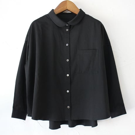 **またまた再入荷**Linenya リネンヤ　高密度サテン長袖丸襟ブラウス　#black