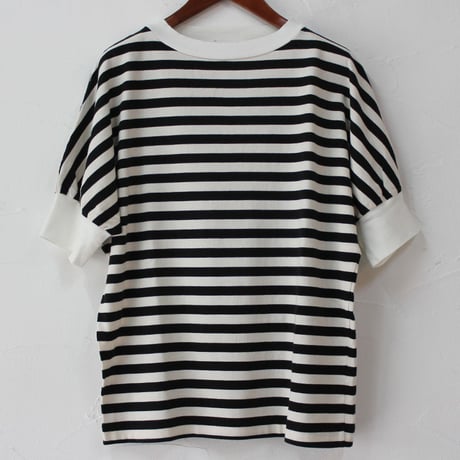 **再入荷** homspun ホームスパン 40/2天竺ボーダーハイネック半袖プルオーバー　#オフホワイトｘブラック、グレーｘブラック