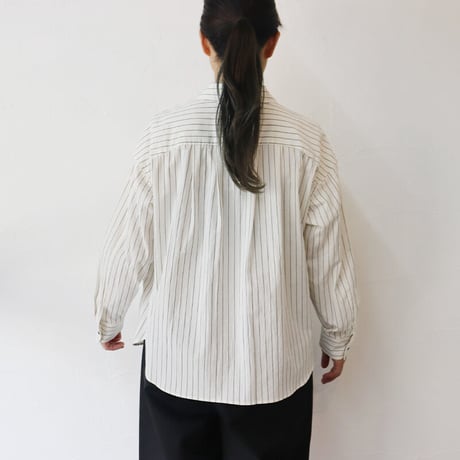 MAGALI マガリ　コットンリネンスモールカラーシャツ　#ホワイト、ストライプ　【送料無料】