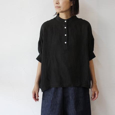 **またまたまた再入荷**LinenYa リネンヤ　リネン半袖スタンドカラーブラウス　#アイボリー、ライトグレー、ブラック