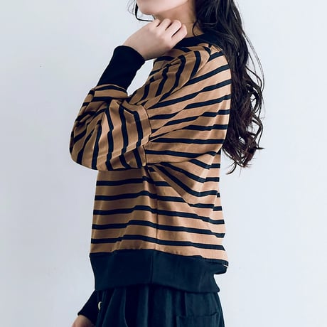 MAGALI マガリ　ハイゲージコットンバスクボーダーカットソー　#モカ×ブラック、アイボリー×ブラック