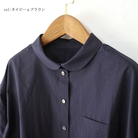 **再々入荷** Linenya リネンヤ　コットンギンガム長袖丸襟ブラウス　#ホワイトｘブラック、ネイビーｘブラウン