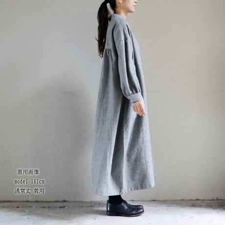 **再々入荷** LinenYa リネンヤ　ウールコットン長袖スタンドカラーワンピース　#千鳥格子