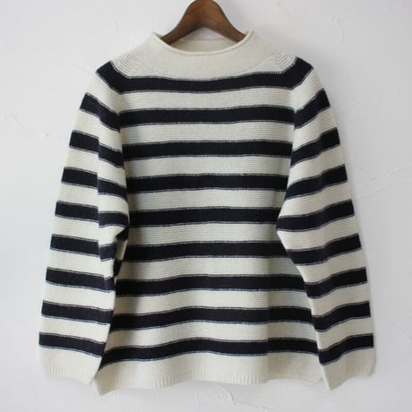 maomade マオメイド　エアーヤーンホールガーメントモックネックプルオーバー　#オフ白ｘネイビー、ネイビーｘブラウン