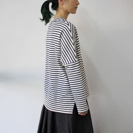 Linenya リネンヤ　ロッカク長袖Tシャツ　#ガーゼボーダー、ミニ裏毛グレー
