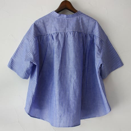 **またまた再入荷** LinenYa リネンヤ　綿麻ストライプバンドカラー半袖シャツ　#ブルー、ピンク
