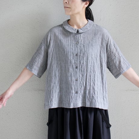 Linenya リネンヤ　コットンフラットカラー半袖ブラウス　#ギンガムチェック