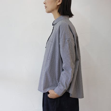 **再々入荷** Linenya リネンヤ　コットンギンガム長袖丸襟ブラウス　#ホワイトｘブラック、ネイビーｘブラウン
