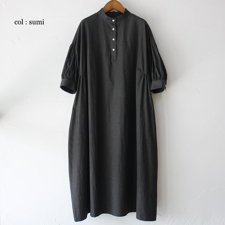 **またまた再入荷** LinenYa リネンヤ　コットンリネンラミースタンドカラーワンピース　#スミクロ、ネイビー