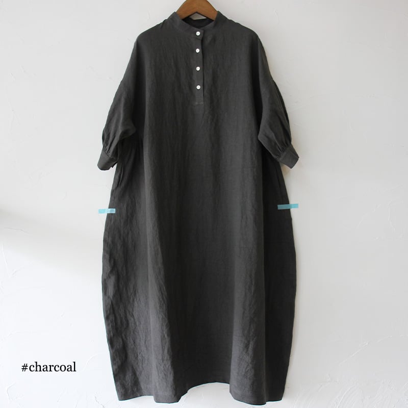 セール‼️リネン スタンドカラーワンピース新品未使用 パープル系ハンドメイド作家 またまたまた再入荷** LinenYa リネンヤ リネンスタンドカラー