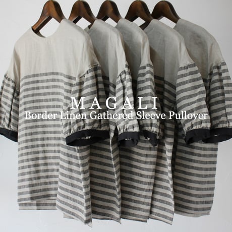 MAGALI マガリ　ボーダーリネンギャザースリーブプルオーバー　#ブラック