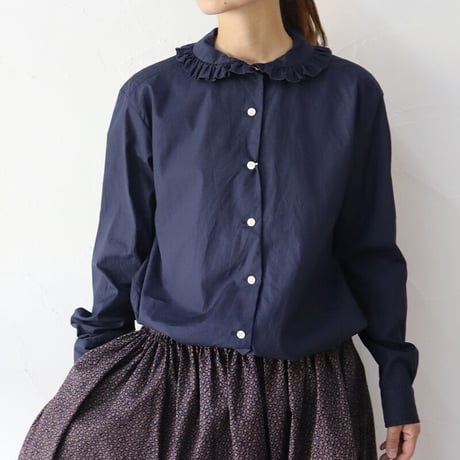 **ネイビーのみですが再入荷** homspun ホームスパン　100/2ブロードフリルブラウス　#サラシ、アイボリー、レッド、ネイビー　【送料無料】