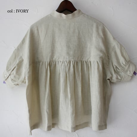**またまたまた再入荷**LinenYa リネンヤ　リネン半袖スタンドカラーブラウス　#アイボリー、ライトグレー、ブラック