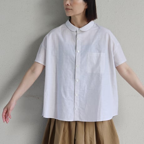LinenYa リネンヤ　綿麻ストライプ丸襟シャツ　#ベージュ