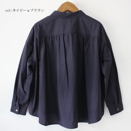 **再々入荷** Linenya リネンヤ　コットンギンガム長袖丸襟ブラウス　#ホワイトｘブラック、ネイビーｘブラウン