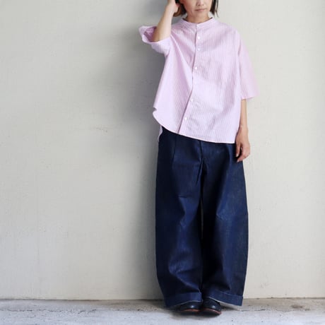 **またまた再入荷** LinenYa リネンヤ　綿麻ストライプバンドカラー半袖シャツ　#ブルー、ピンク