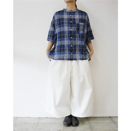 **またまた再入荷**　LinenYa リネンヤ　チェックハンドカラー半袖シャツ　#ブルー 、イエロー 【送料無料】
