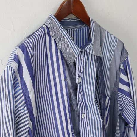 FUNSET OF ART ファンセットオブアート　ストライプパッチワークロガーシャツ  #ブルー、ブラック