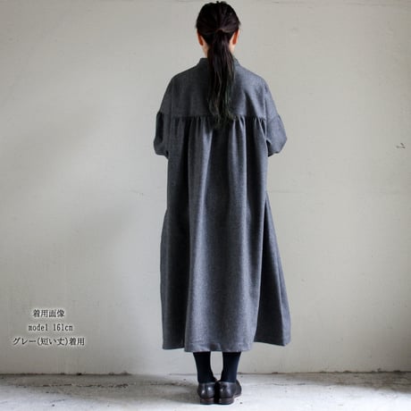 **再々入荷** LinenYa リネンヤ　ウール長袖スタンドカラーワンピース　#ブラック、ネイビー、グレー