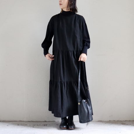 **再々入荷** Linenya リネンヤ　コットンリネンティアードワンピース（厚地）　#ブラック　【送料無料】