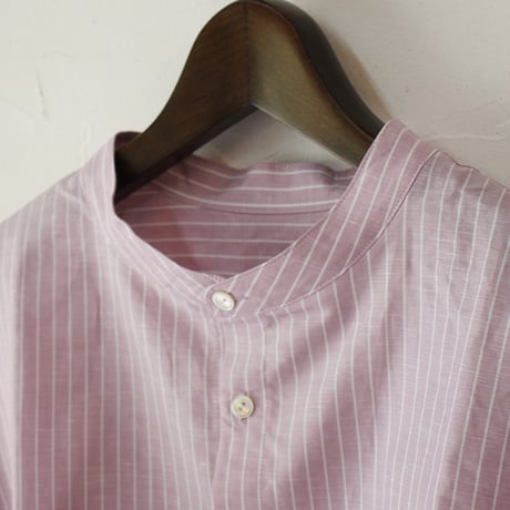 **またまた再入荷** LinenYa リネンヤ　綿麻ストライプバンドカラー半袖シャツ　#ブルー、ピンク