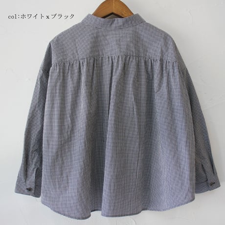 **再々入荷** Linenya リネンヤ　コットンギンガム長袖丸襟ブラウス　#ホワイトｘブラック、ネイビーｘブラウン