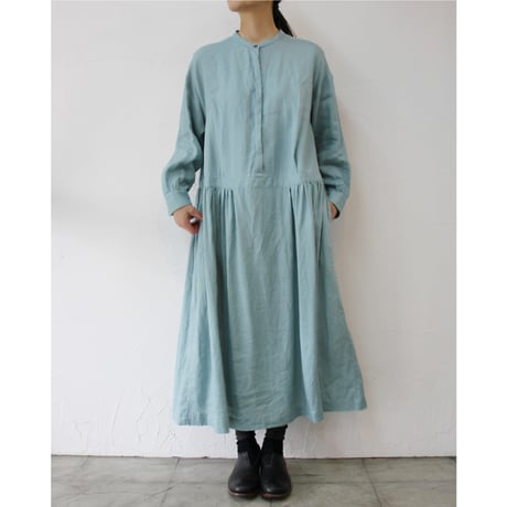 **再入荷**atelier naruse アトリエナルセ リネンシャツギャザーワンピース　#アクアブルー、ネイビー　【送料無料】