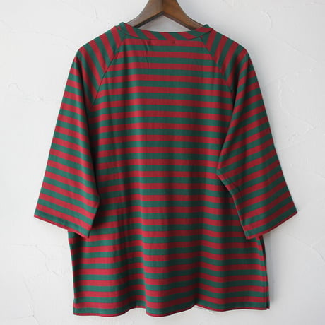 homspun ホームスパン　40/2天竺ボーダー7分袖Tシャツ　#レッドｘグリーン　【送料無料】