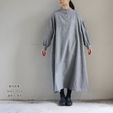 **再々入荷** LinenYa リネンヤ　ウールコットン長袖スタンドカラーワンピース　#千鳥格子