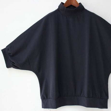 **またまた再入荷** Linenya リネンヤ　コットンシルク天竺5分袖ハイネックプルオーバー　#ブラック、ネイビー、オールドブルー、ベージュ